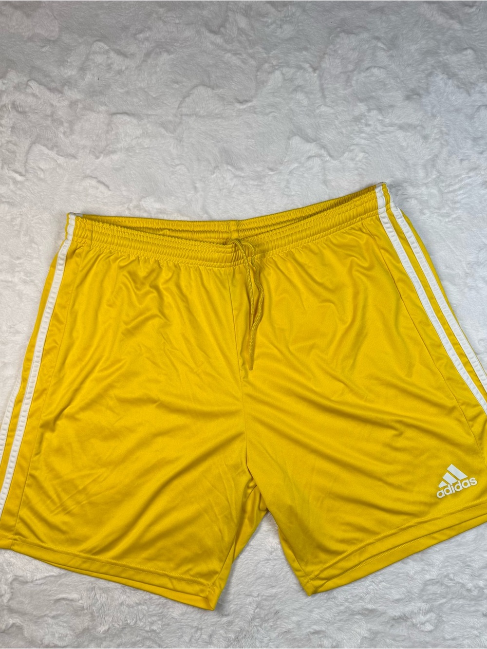 adidas Men’s Bright Yellow Athletic Shorts with White Stripes